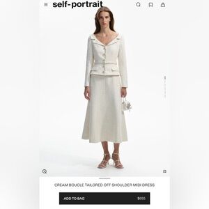 Self Portrait CREAM BOUCLE TAILORED OFF SHOULDER MIDI DRESS